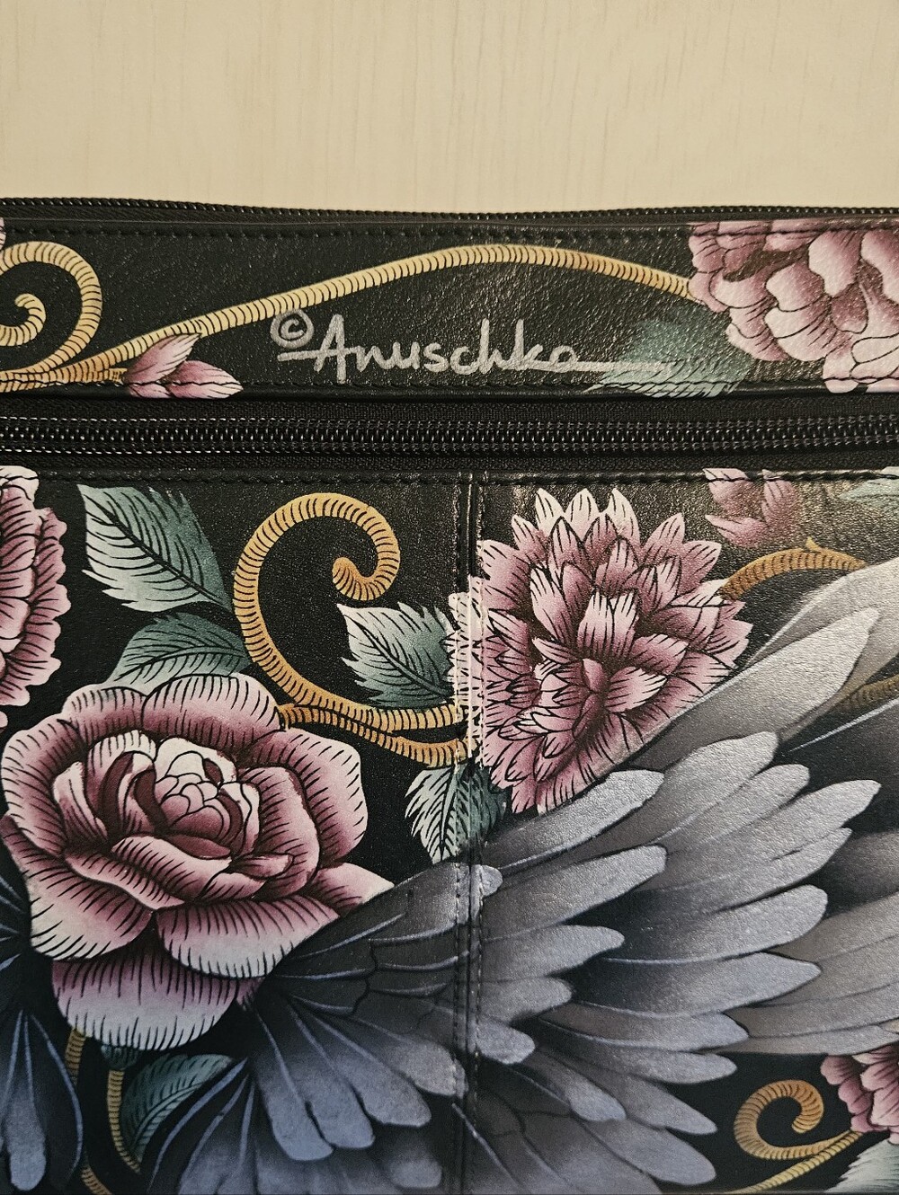Anuschka Hand Painted Floral Guardian Angel Black and Pink Purse - Picture 3 of 14